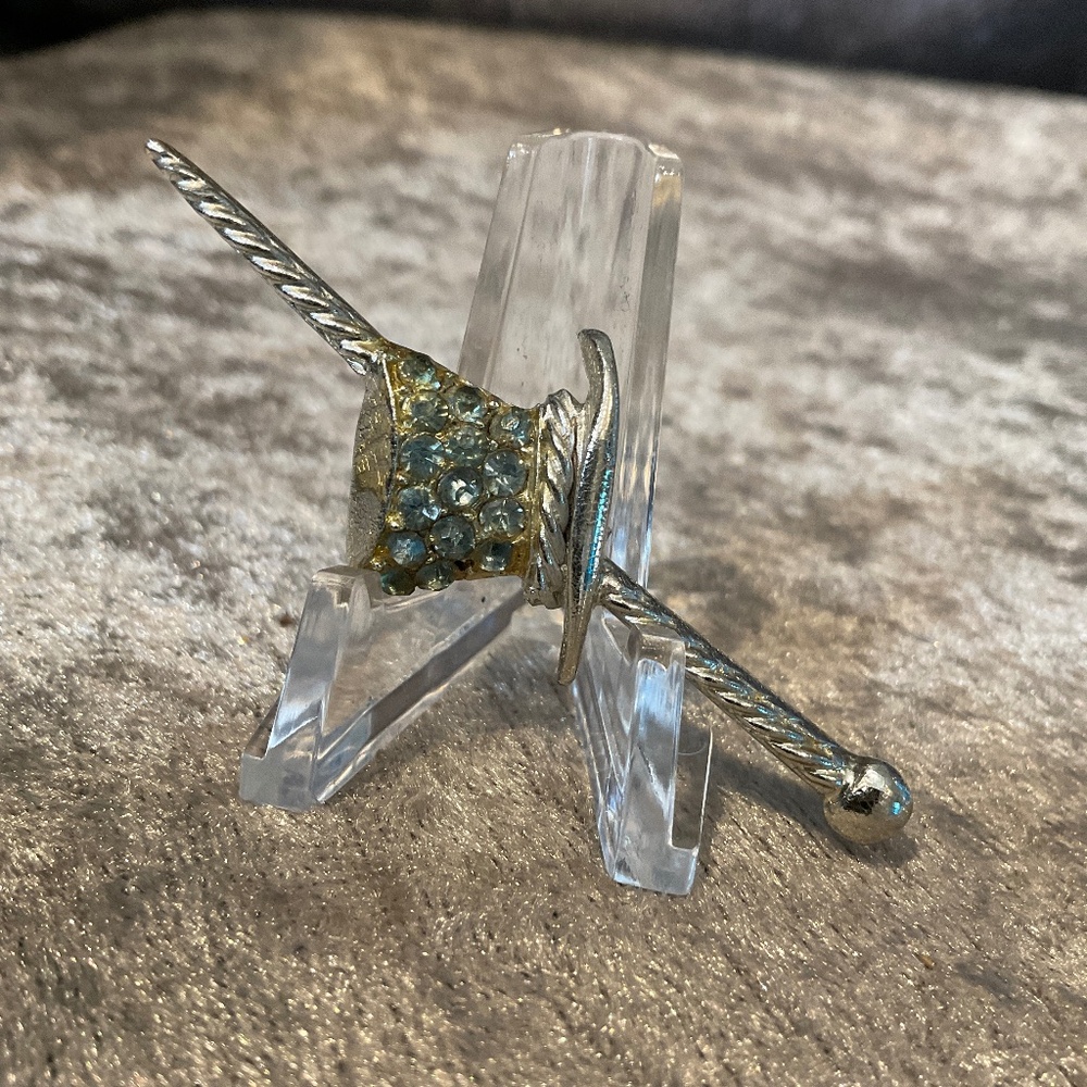 Vintage Silver Top Hat and Cane Pin with Crystals